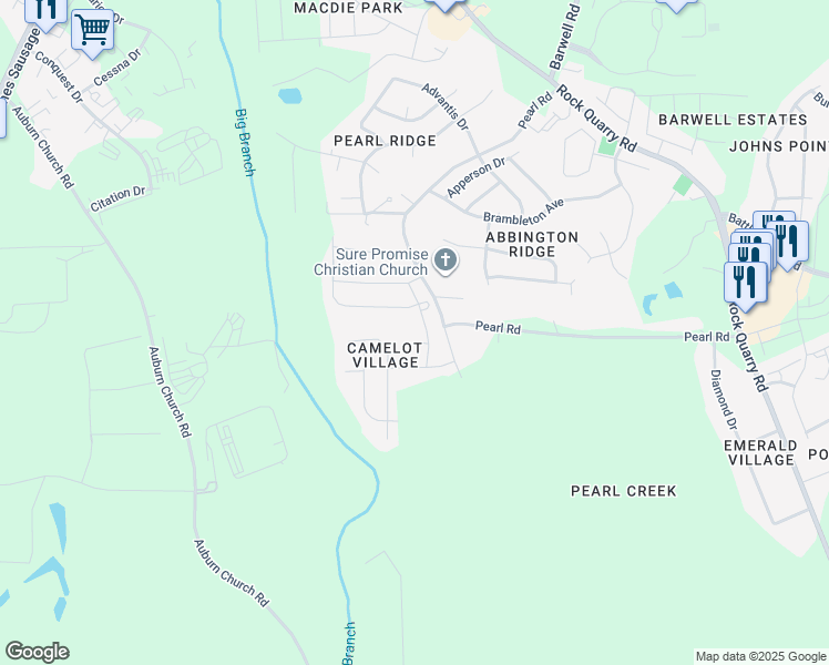 map of restaurants, bars, coffee shops, grocery stores, and more near 4772 Queen Pierrette Street in Raleigh