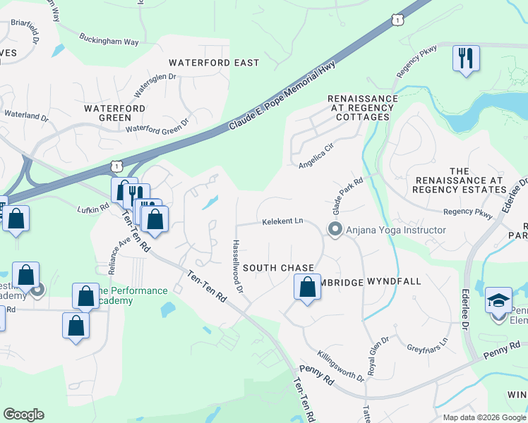 map of restaurants, bars, coffee shops, grocery stores, and more near 106 Poppleford Place in Cary