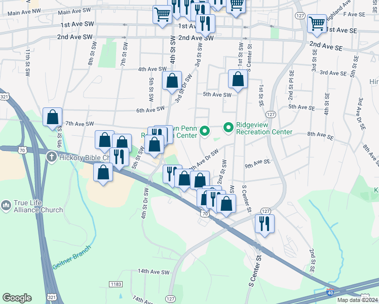 map of restaurants, bars, coffee shops, grocery stores, and more near 749 3rd Street Place Southwest in Hickory