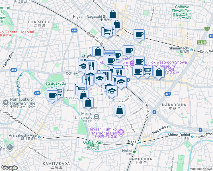 map of restaurants, bars, coffee shops, grocery stores, and more near  in Shinjuku City
