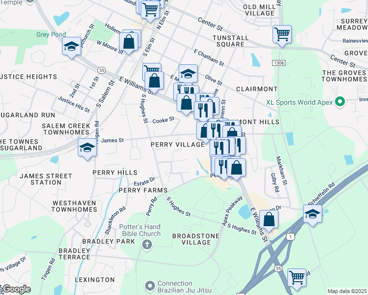map of restaurants, bars, coffee shops, grocery stores, and more near 801 Maple Shade Lane in Apex