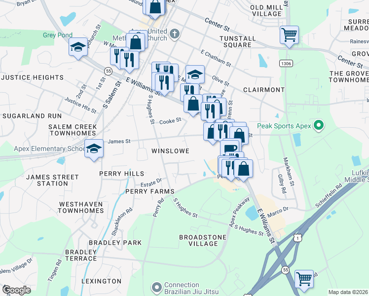 map of restaurants, bars, coffee shops, grocery stores, and more near 708 Aladdin Circle in Apex