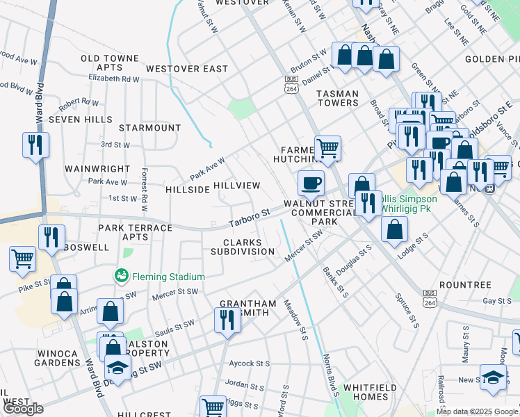 map of restaurants, bars, coffee shops, grocery stores, and more near 100 Park Court in Wilson