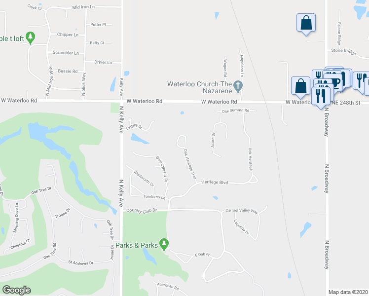 map of restaurants, bars, coffee shops, grocery stores, and more near 12613 Oak Heritage Trail in Edmond