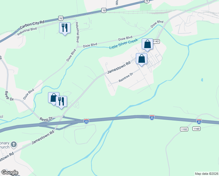map of restaurants, bars, coffee shops, grocery stores, and more near 108 Raintree Ln in Morganton