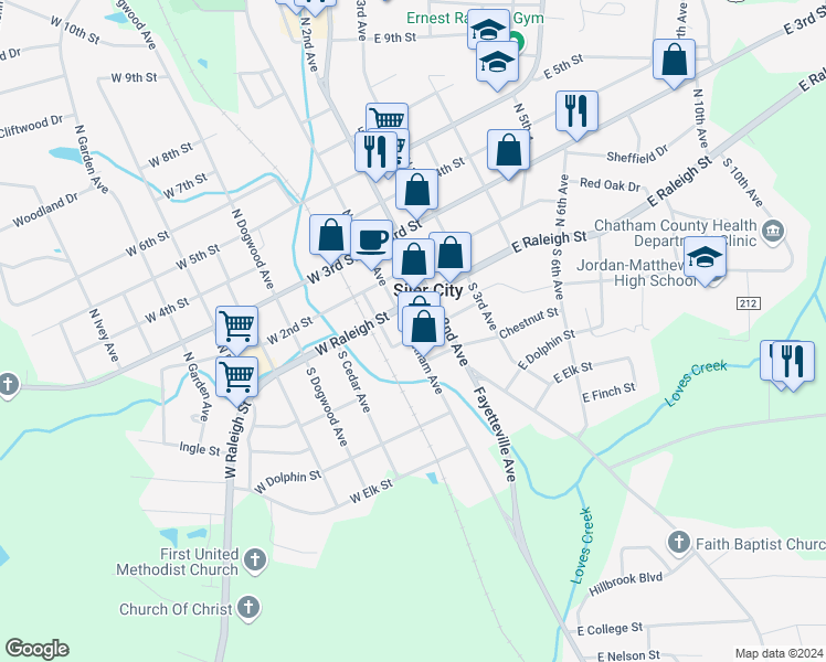 map of restaurants, bars, coffee shops, grocery stores, and more near 131 South Chatham Avenue in Siler City