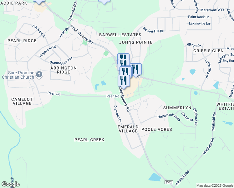 map of restaurants, bars, coffee shops, grocery stores, and more near 6220 Rock Quarry Road in Raleigh