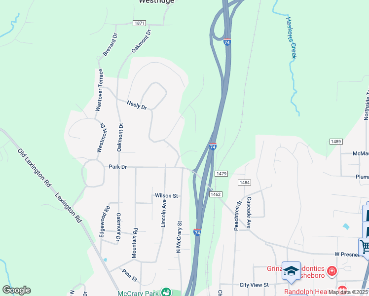 map of restaurants, bars, coffee shops, grocery stores, and more near 1000 Park Drive in Asheboro