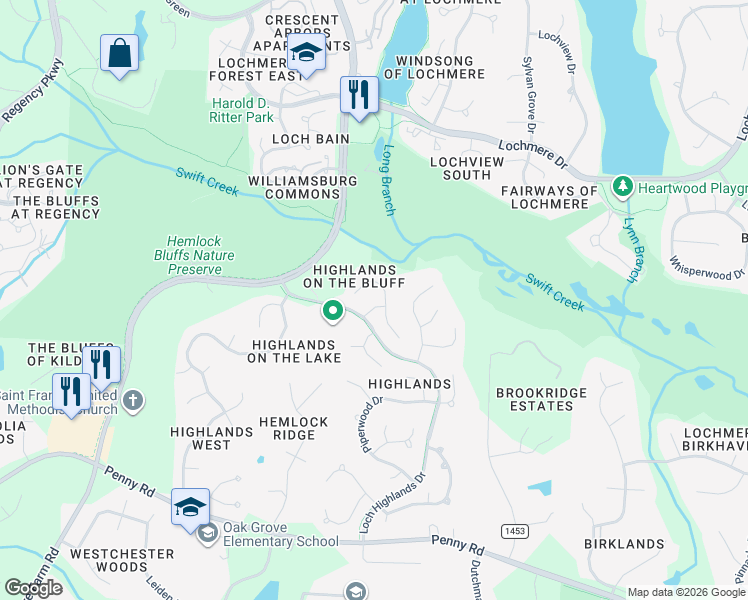 map of restaurants, bars, coffee shops, grocery stores, and more near 104 North Fern Abbey Lane in Cary