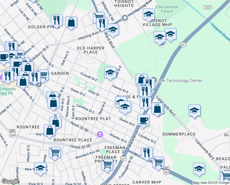 map of restaurants, bars, coffee shops, grocery stores, and more near 907 Vance Street East in Wilson