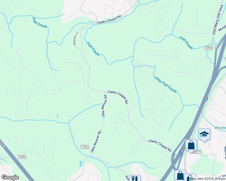 map of restaurants, bars, coffee shops, grocery stores, and more near 236 Clarks Chapel Road in Weaverville