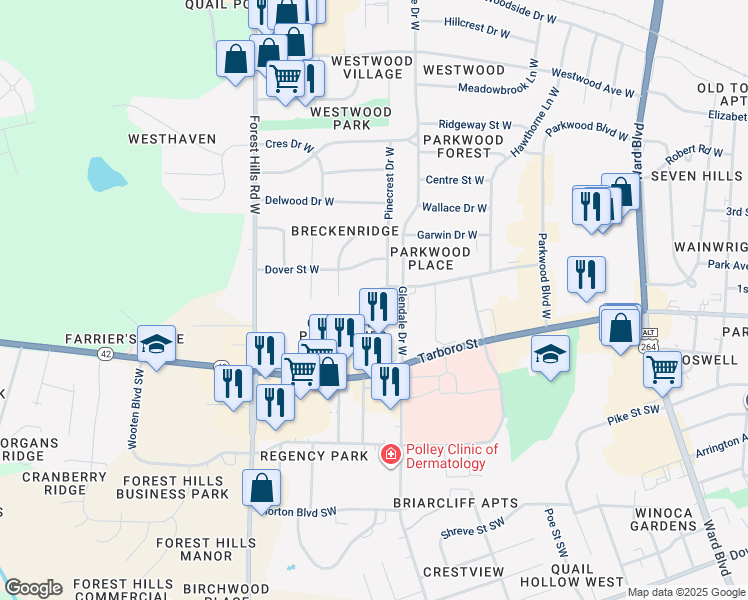 map of restaurants, bars, coffee shops, grocery stores, and more near 312 Katharine Court West in Wilson