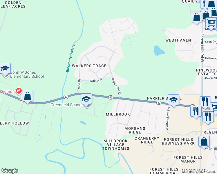 map of restaurants, bars, coffee shops, grocery stores, and more near 3402 Baybrooke Dr W in Wilson