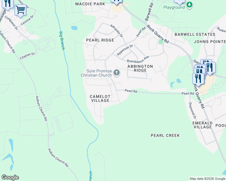 map of restaurants, bars, coffee shops, grocery stores, and more near 4772 Queen Pierrette Street in Raleigh
