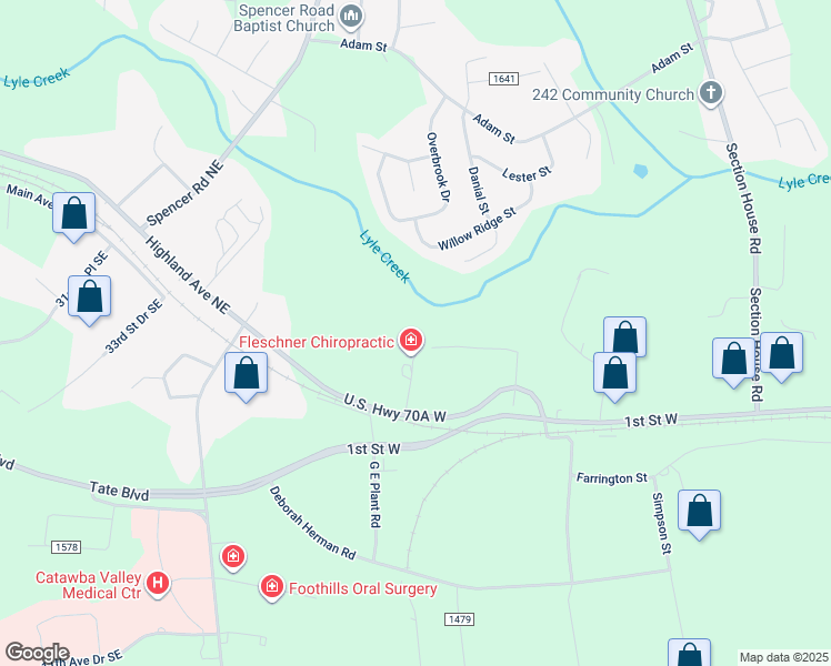 map of restaurants, bars, coffee shops, grocery stores, and more near 143 Sigmon Drive Northwest in Hickory