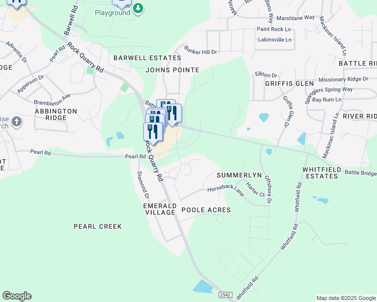 map of restaurants, bars, coffee shops, grocery stores, and more near 6420 Granite Quarry Drive in Raleigh