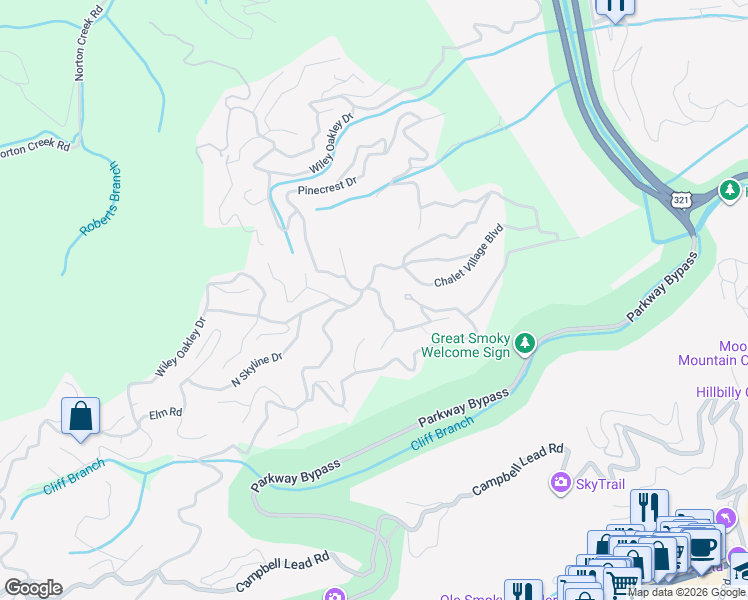 map of restaurants, bars, coffee shops, grocery stores, and more near 706 Wiley Oakley Drive in Gatlinburg