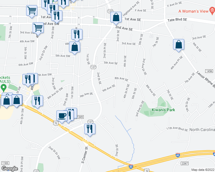 map of restaurants, bars, coffee shops, grocery stores, and more near 219 9th Avenue Southeast in Hickory