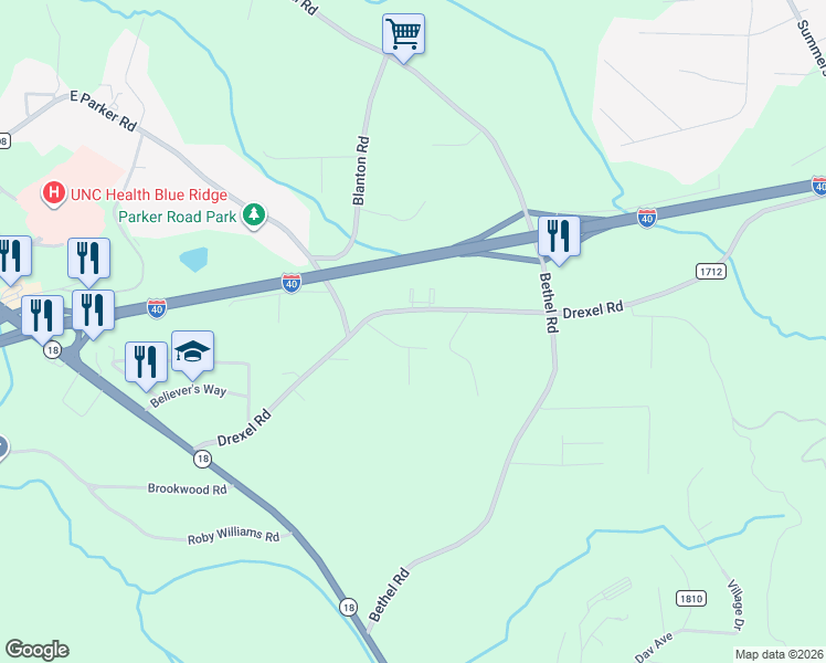 map of restaurants, bars, coffee shops, grocery stores, and more near 318 Drexel Road in Morganton