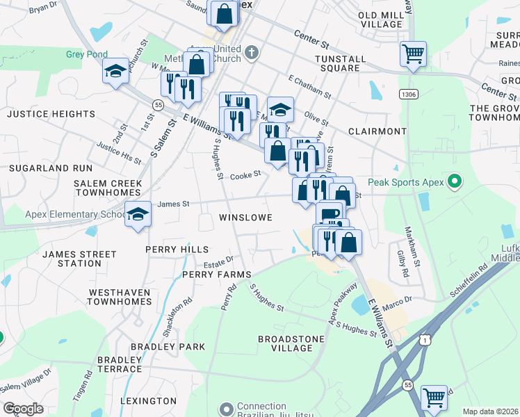 map of restaurants, bars, coffee shops, grocery stores, and more near 708 Aladdin Circle in Apex