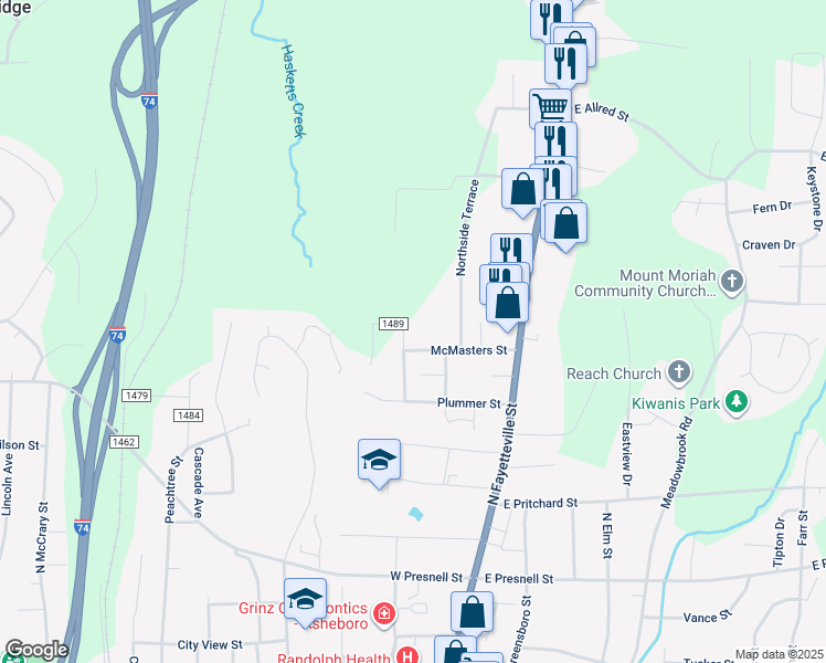 map of restaurants, bars, coffee shops, grocery stores, and more near 347 Englewood Drive in Asheboro