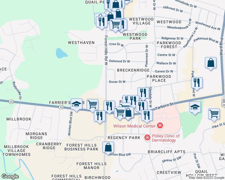 map of restaurants, bars, coffee shops, grocery stores, and more near 1804 Rand Road West in Wilson