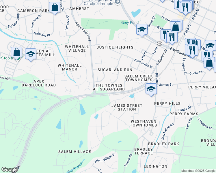 map of restaurants, bars, coffee shops, grocery stores, and more near 122 Licorice Drive in Apex