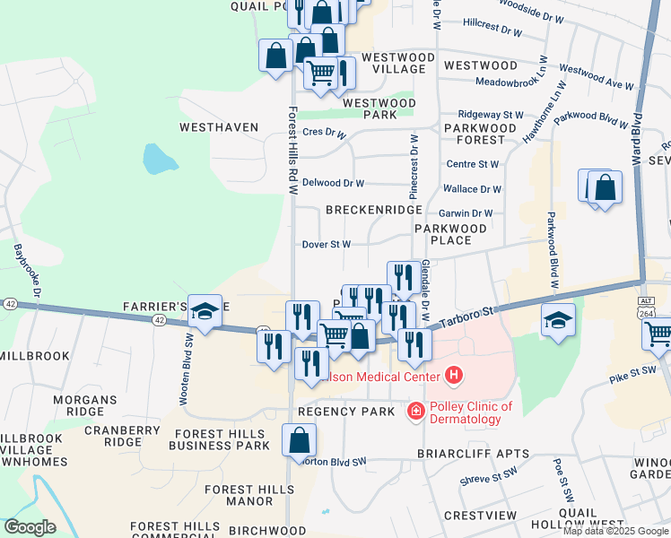 map of restaurants, bars, coffee shops, grocery stores, and more near 1804 Rand Road West in Wilson