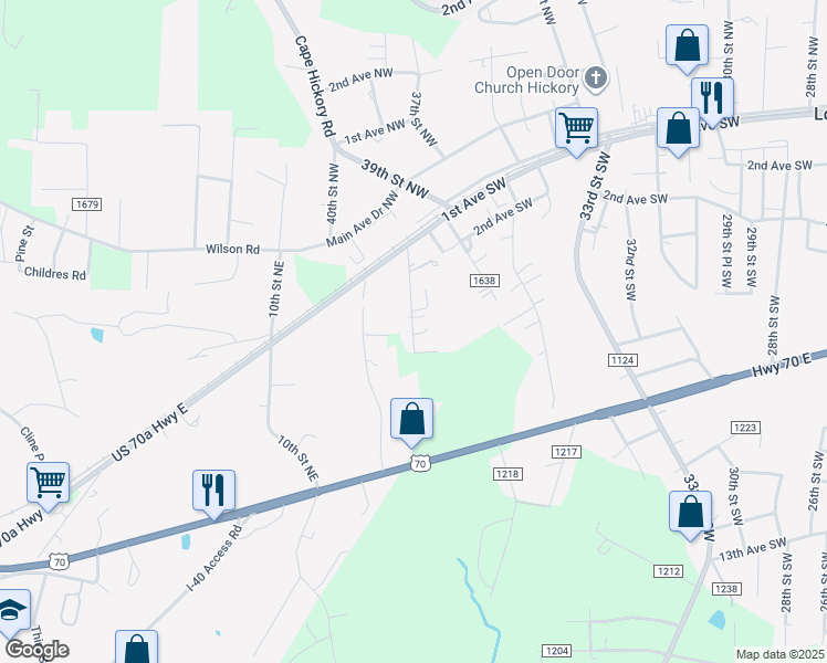 map of restaurants, bars, coffee shops, grocery stores, and more near 341 39th Street Place Southwest in Hildebran
