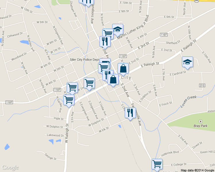 map of restaurants, bars, coffee shops, grocery stores, and more near 117 West Raleigh Street in Siler City
