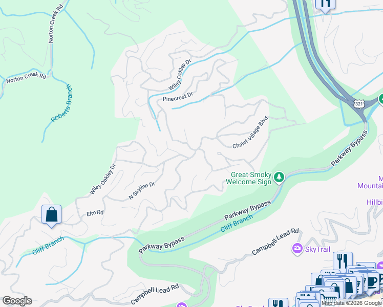 map of restaurants, bars, coffee shops, grocery stores, and more near 706 Wiley Oakley Drive in Gatlinburg