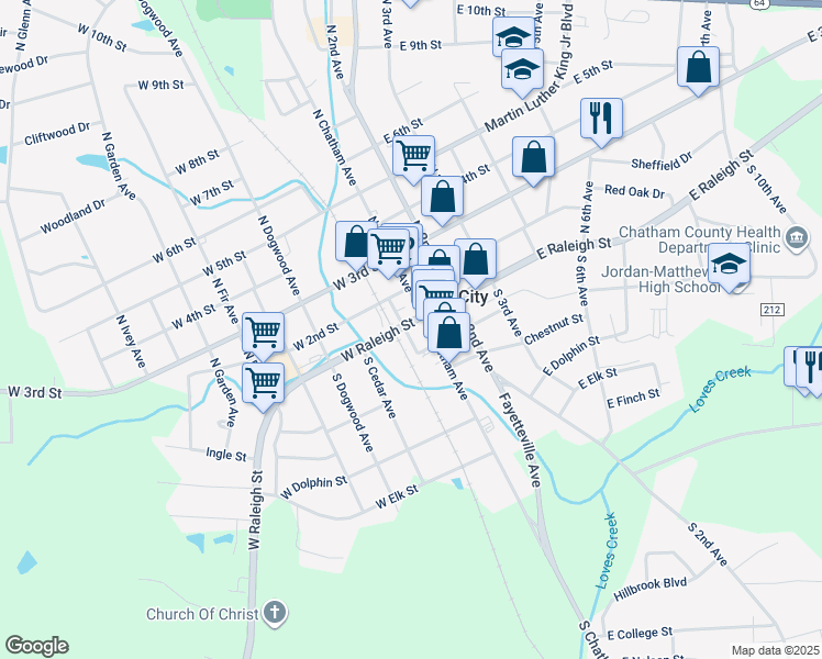 map of restaurants, bars, coffee shops, grocery stores, and more near 117 West Raleigh Street in Siler City