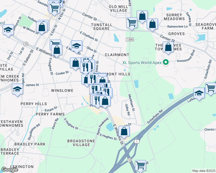 map of restaurants, bars, coffee shops, grocery stores, and more near 714 Treviso Lane in Apex