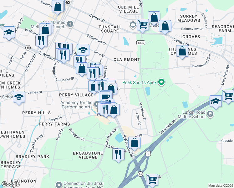 map of restaurants, bars, coffee shops, grocery stores, and more near 714 Treviso Lane in Apex