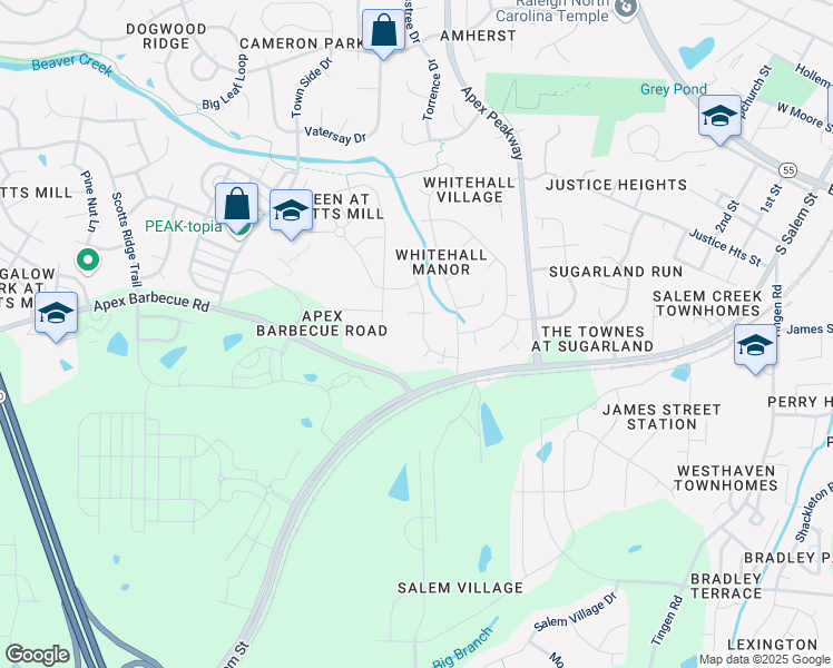 map of restaurants, bars, coffee shops, grocery stores, and more near 1105 Whiston Drive in Apex