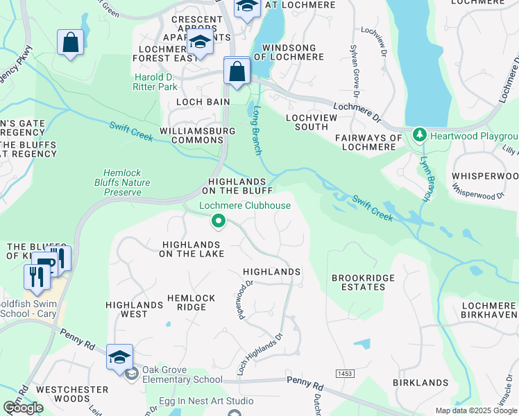 map of restaurants, bars, coffee shops, grocery stores, and more near 104 North Fern Abbey Lane in Cary