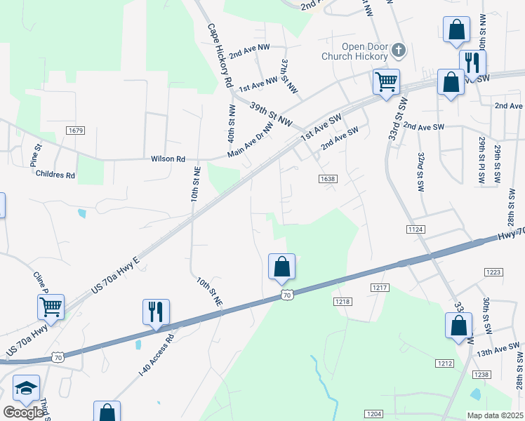 map of restaurants, bars, coffee shops, grocery stores, and more near 200 11th Street North East in Hildebran