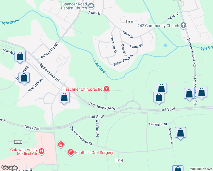 map of restaurants, bars, coffee shops, grocery stores, and more near 143 Sigmon Drive Northwest in Hickory