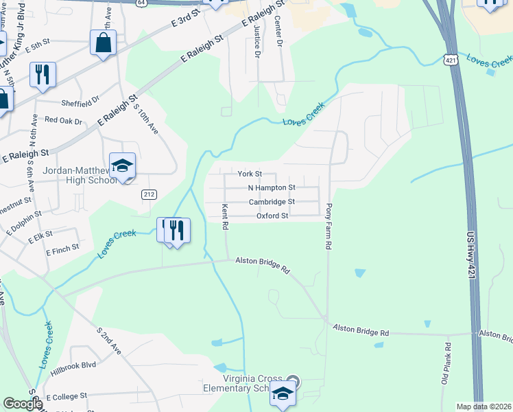 map of restaurants, bars, coffee shops, grocery stores, and more near 1112 Cambridge Street in Siler City