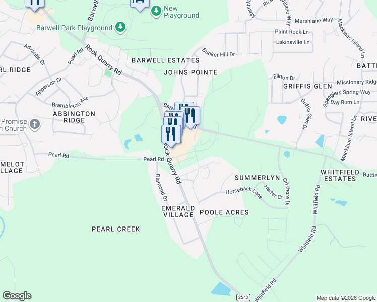 map of restaurants, bars, coffee shops, grocery stores, and more near 5403 Granite Quarry Drive in Raleigh