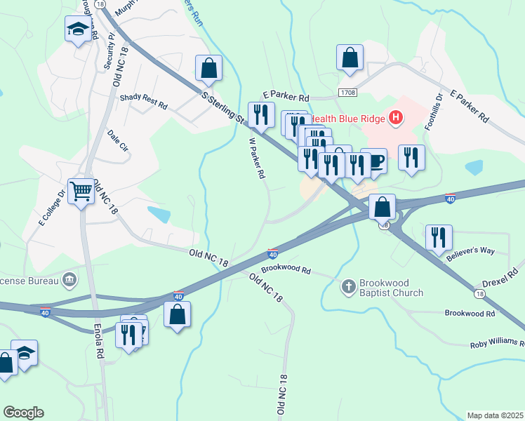 map of restaurants, bars, coffee shops, grocery stores, and more near 158A/D West Parker Road in Morganton