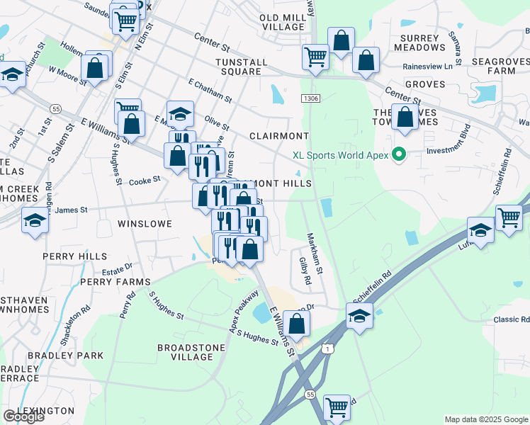 map of restaurants, bars, coffee shops, grocery stores, and more near 715 Treviso Lane in Apex