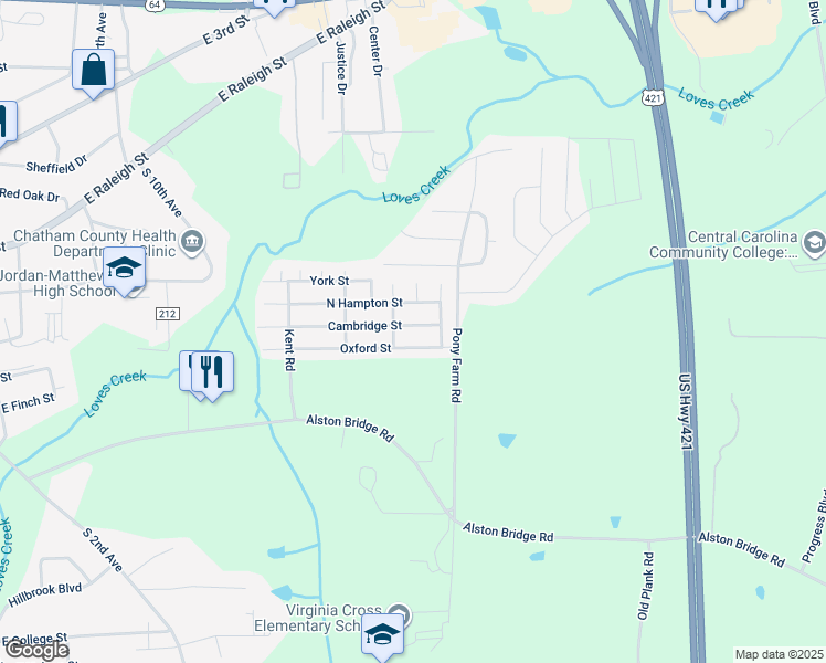 map of restaurants, bars, coffee shops, grocery stores, and more near 1306 Cambridge Street in Siler City