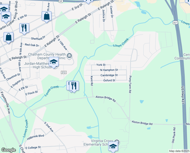 map of restaurants, bars, coffee shops, grocery stores, and more near Cambridge Street in Siler City
