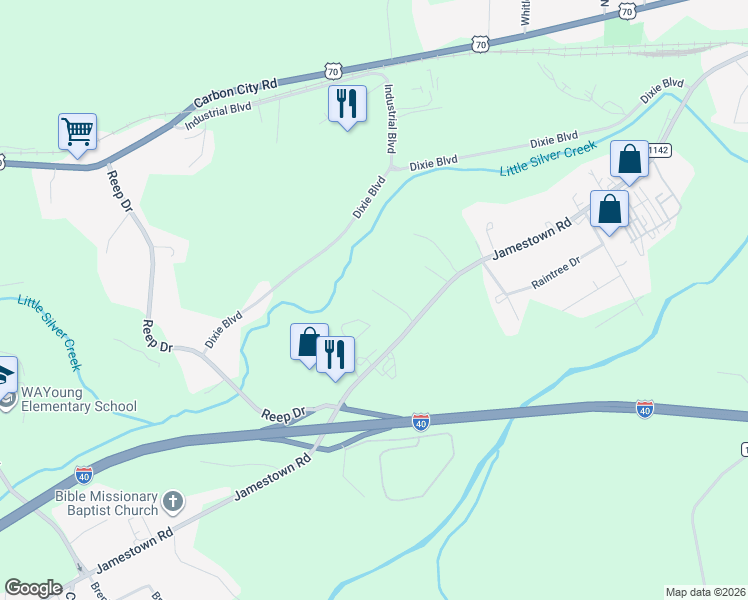 map of restaurants, bars, coffee shops, grocery stores, and more near 111 Highlander Street in Morganton