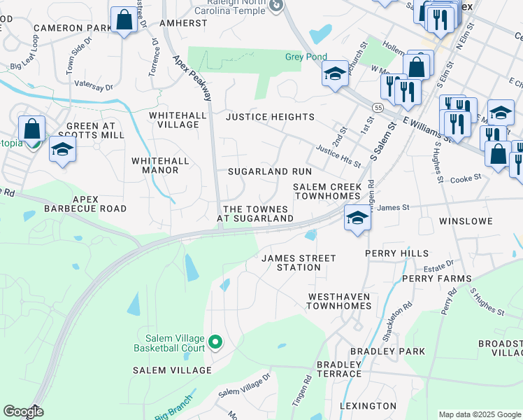map of restaurants, bars, coffee shops, grocery stores, and more near 103 Licorice Drive in Apex