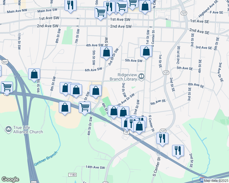 map of restaurants, bars, coffee shops, grocery stores, and more near 749 3rd Street Place Southwest in Hickory
