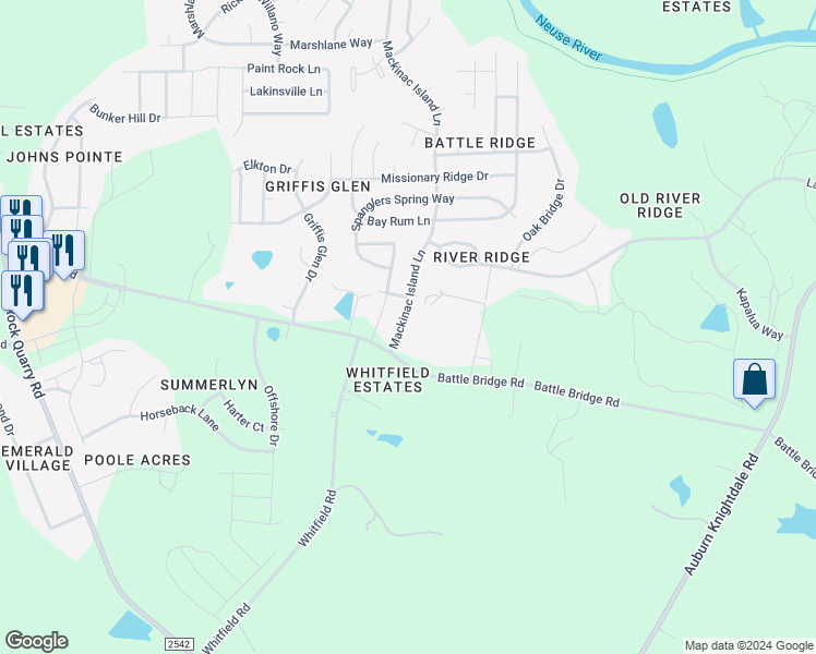 map of restaurants, bars, coffee shops, grocery stores, and more near 4121 Mackinac Island Lane in Raleigh