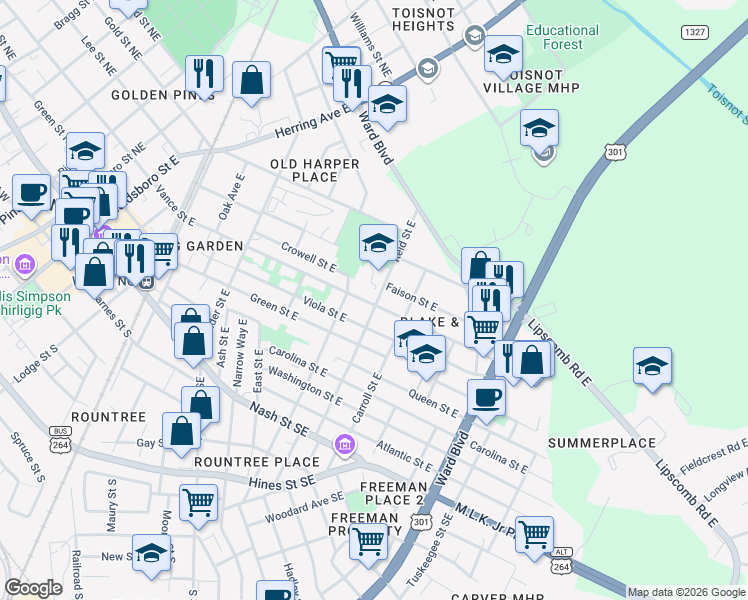 map of restaurants, bars, coffee shops, grocery stores, and more near 813 Vance Street East in Wilson
