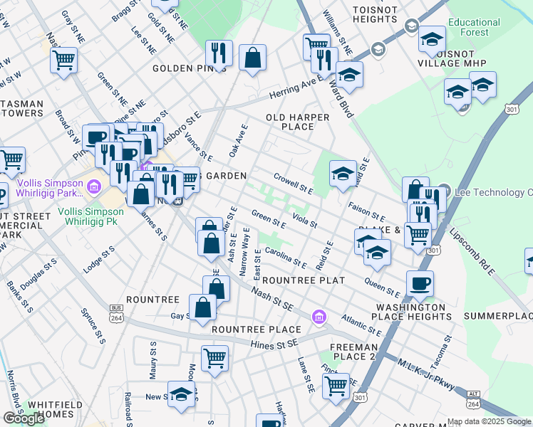 map of restaurants, bars, coffee shops, grocery stores, and more near 619 Green Street East in Wilson